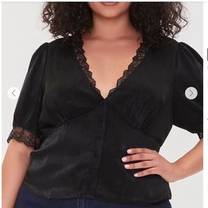 Forever 21 Satiny, Lace Trim, V Neck Top